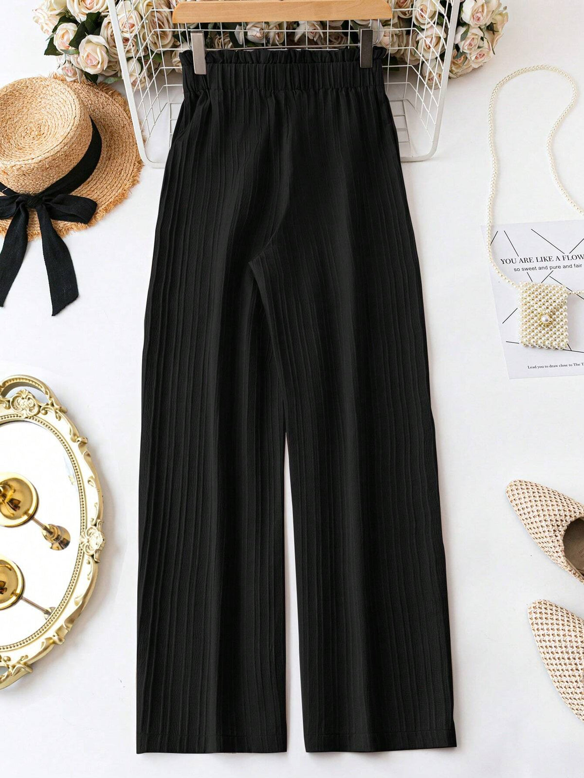 Rusticease Women's Solid Color Ruffle Hem Lace-Up Casual Pants, Daily Wear,Casual