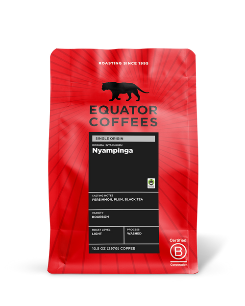 Equator Coffees red Rwanda Nyampinga single origin bag with black label.