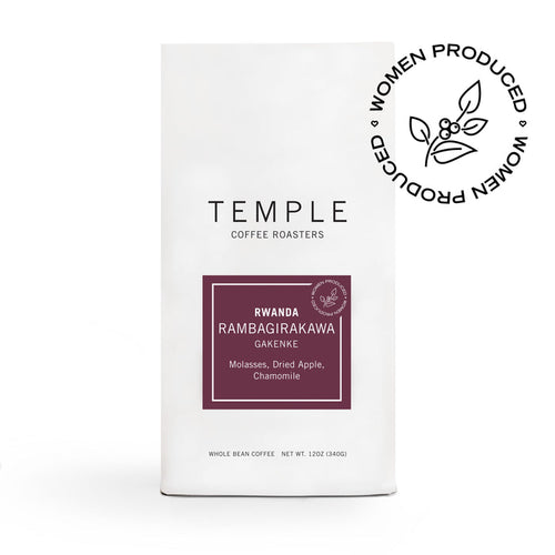 Rwanda Rambagirakawa coffee bag with a purple label and white border displaying RWANDA RAMBAGIRAKAWA GAKENKE