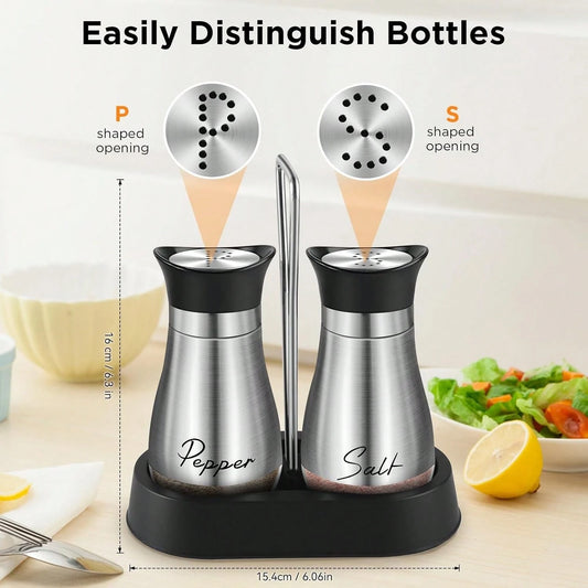 Salt And Pepper Shakers, Farmhouse Salt And Pepper Shakers Set With Holder, Electroplated Handle, 4 Oz Stainless Steel Glass Bottle Dispenser, For Table, RV, Camp, BBQ (Yellow)