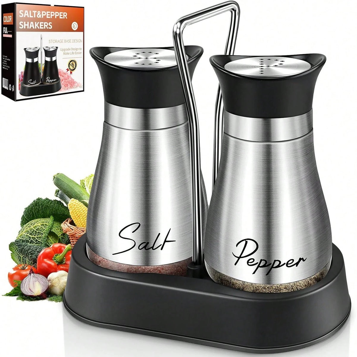 Salt And Pepper Shakers, Farmhouse Salt And Pepper Shakers Set With Holder, Electroplated Handle, 4 Oz Stainless Steel Glass Bottle Dispenser, For Table, RV, Camp, BBQ (Yellow)