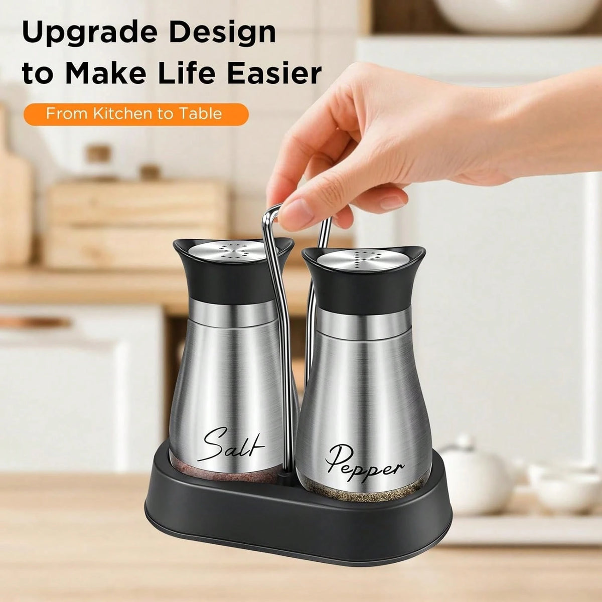 Salt And Pepper Shakers, Farmhouse Salt And Pepper Shakers Set With Holder, Electroplated Handle, 4 Oz Stainless Steel Glass Bottle Dispenser, For Table, RV, Camp, BBQ (Yellow)