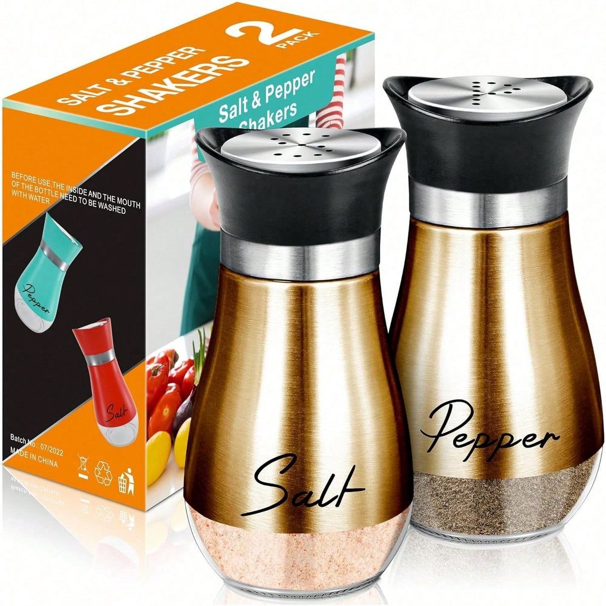Salt And Pepper Shakers Set,4 Oz Glass Bottom Salt Pepper Shaker With Stainless Steel Lid For Kitchen Cooking Table, RV, Camp,BBQ Refillable Design (Copper)