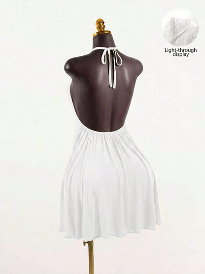 SaltGleam SaltGleam Women's Backless Halter Neck Solid Color Pleated Elegant Mini Dress