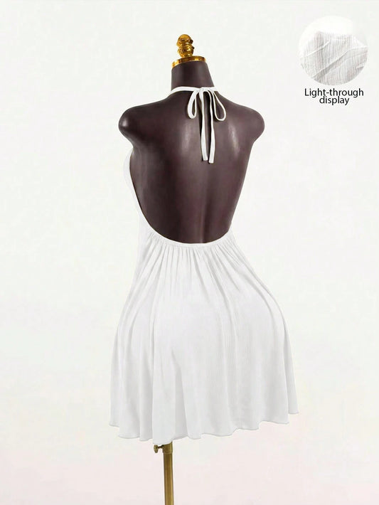 SaltGleam SaltGleam Women's Backless Halter Neck Solid Color Pleated Elegant Mini Dress