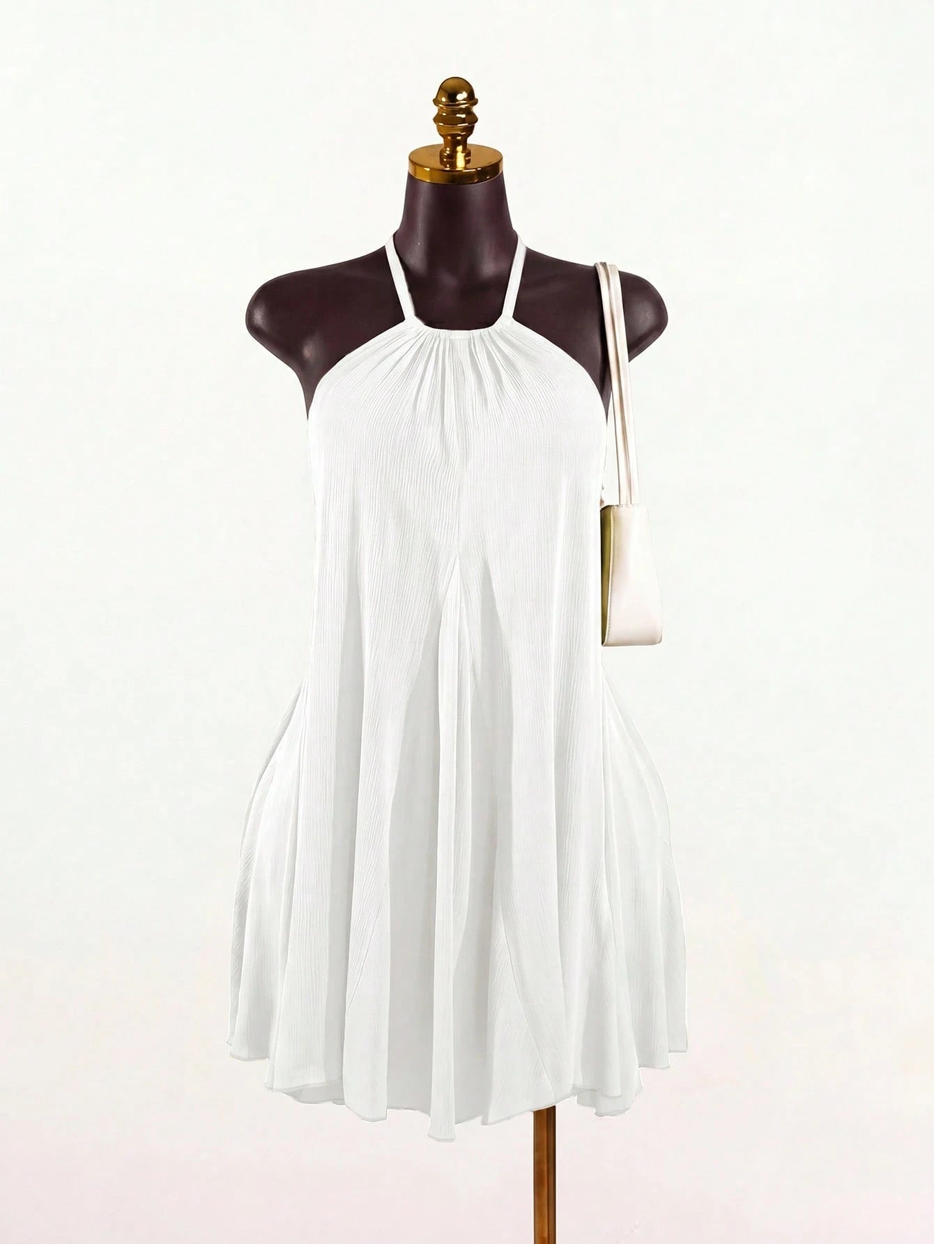 SaltGleam SaltGleam Women's Backless Halter Neck Solid Color Pleated Elegant Mini Dress
