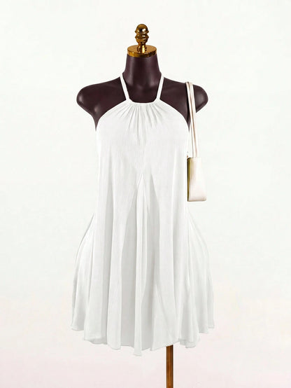 SaltGleam SaltGleam Women's Backless Halter Neck Solid Color Pleated Elegant Mini Dress