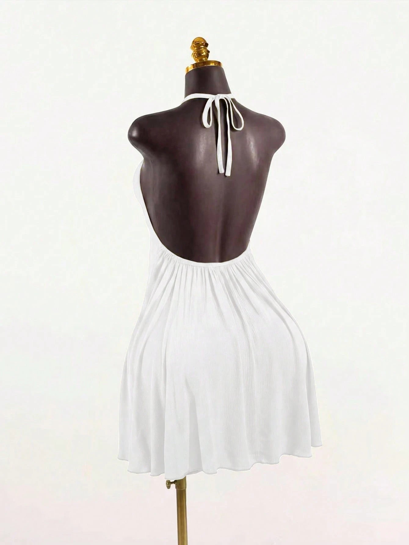SaltGleam SaltGleam Women's Backless Halter Neck Solid Color Pleated Elegant Mini Dress