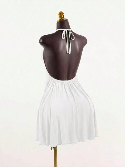SaltGleam SaltGleam Women's Backless Halter Neck Solid Color Pleated Elegant Mini Dress