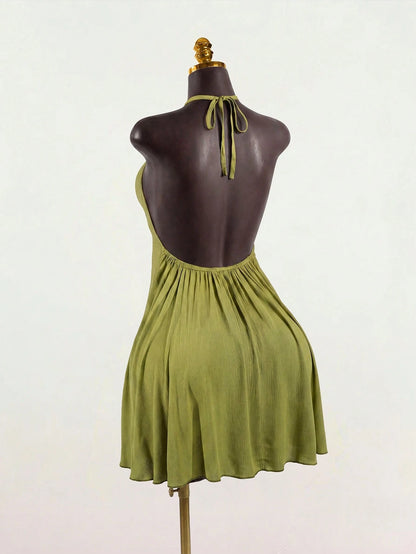 SaltGleam SaltGleam Women's Backless Halter Neck Solid Color Pleated Elegant Mini Dress