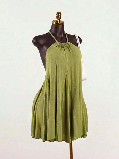 SaltGleam SaltGleam Women's Backless Halter Neck Solid Color Pleated Elegant Mini Dress
