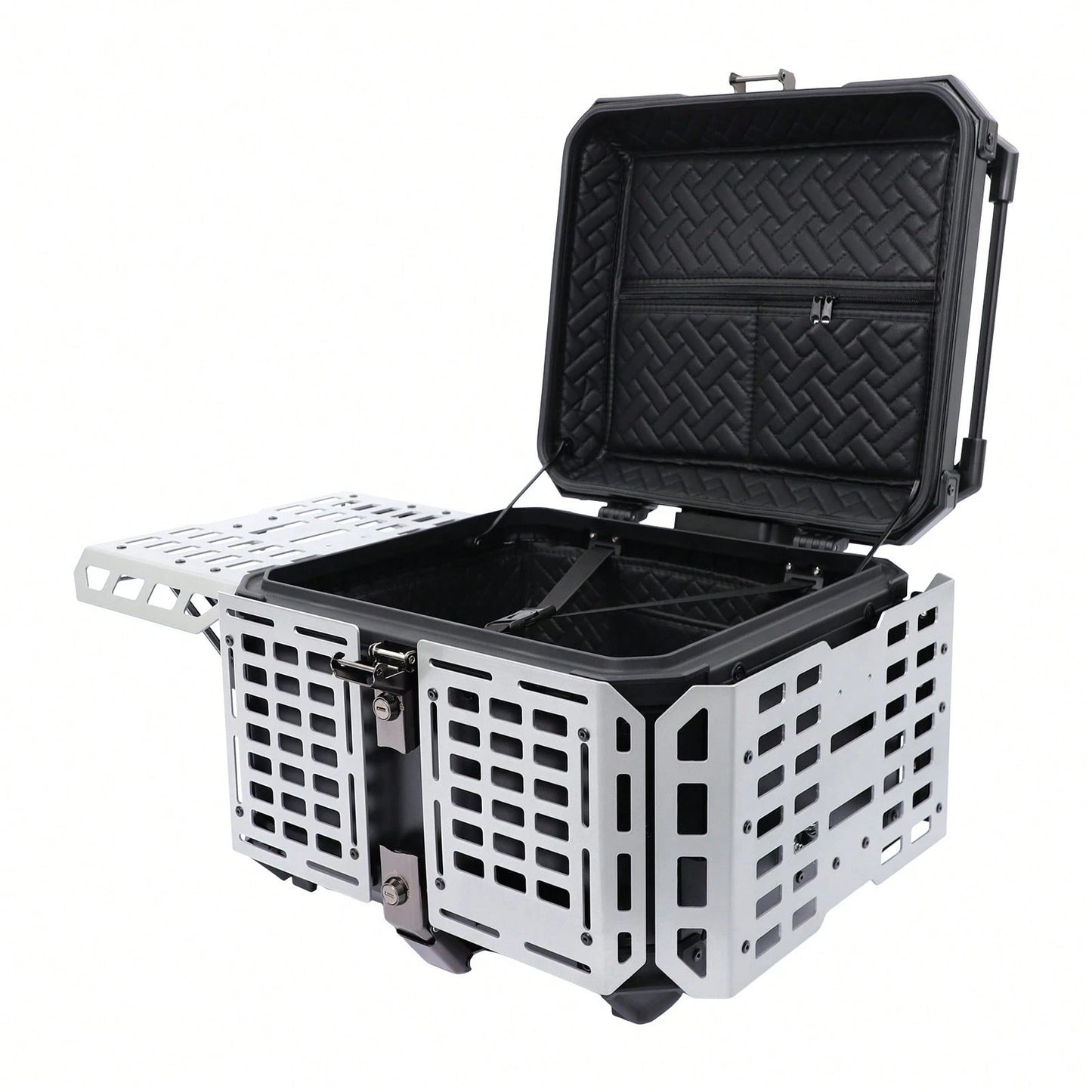 SanBouSi 55L 2.5mm Thick Aluminum Alloy Motorcycle Tail Box, Waterproof Dustproof Motorbike Top Case With Anti-Theft Lock, Expandable Side Panels Can Be Used As Table, Quick Release Base Plate For Mos