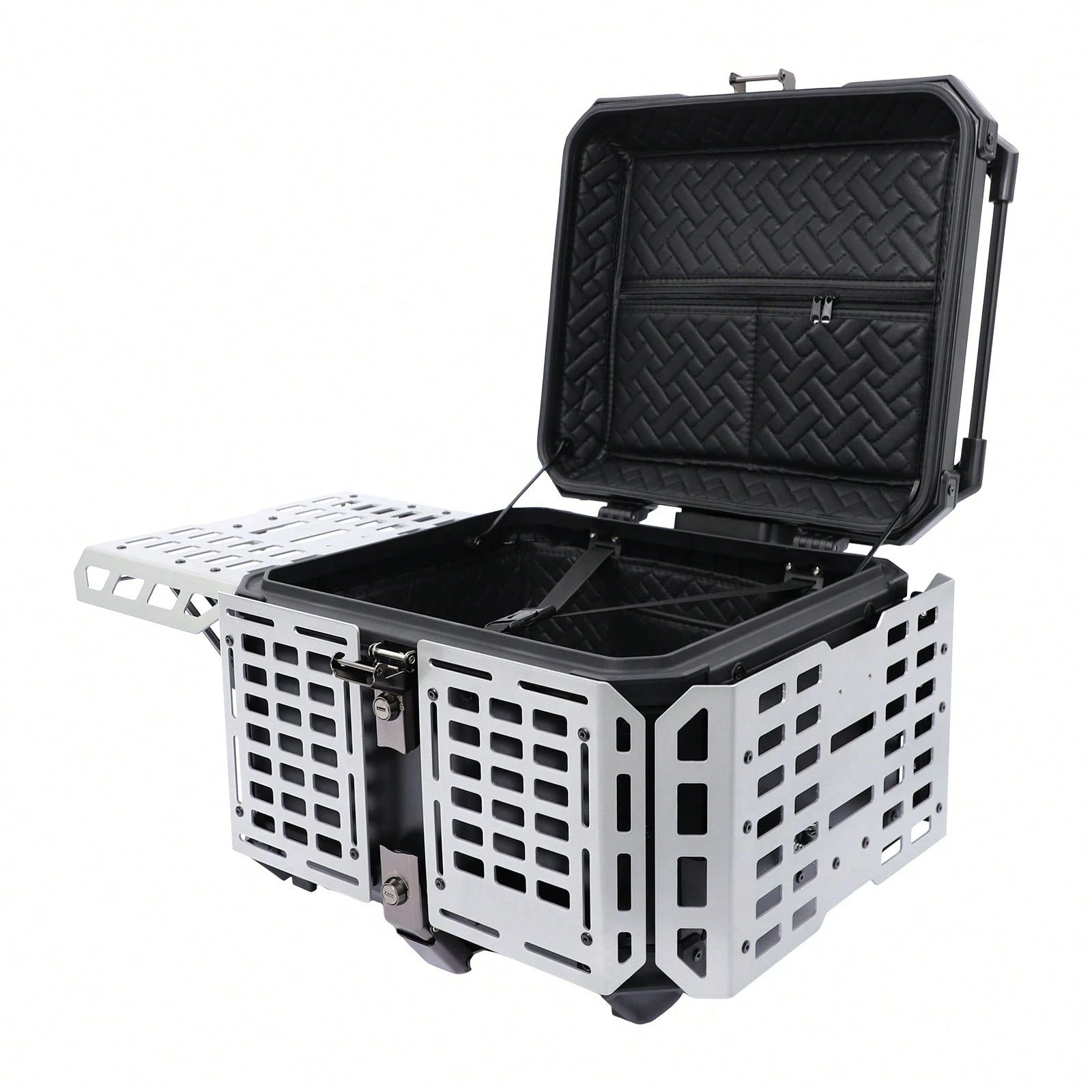 SanBouSi 55L 2.5mm Thick Aluminum Alloy Motorcycle Tail Box, Waterproof Dustproof Motorbike Top Case With Anti-Theft Lock, Expandable Side Panels Can Be Used As Table, Quick Release Base Plate For Mos