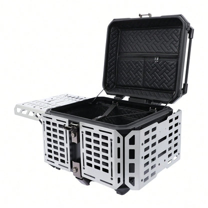 SanBouSi 55L 2.5mm Thick Aluminum Alloy Motorcycle Tail Box, Waterproof Dustproof Motorbike Top Case With Anti-Theft Lock, Expandable Side Panels Can Be Used As Table, Quick Release Base Plate For Mos