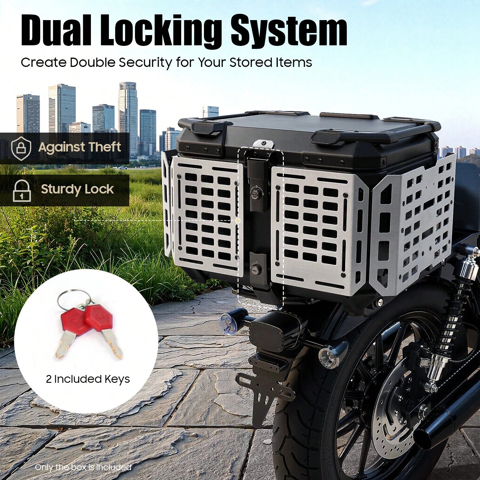 SanBouSi 55L 2.5mm Thick Aluminum Alloy Motorcycle Tail Box, Waterproof Dustproof Motorbike Top Case With Anti-Theft Lock, Expandable Side Panels Can Be Used As Table, Quick Release Base Plate For Mos