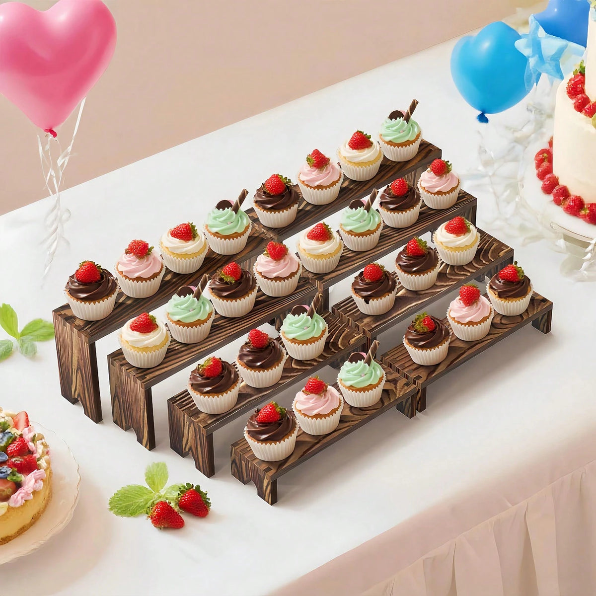 SANNAX 2 Set Large Wooden Tiered Riser Display Stands For Vendor Events, Stackable Wooden Cupcake Stand, Farmhouse Decor Wood Dessert Table Display Set, Vendor Booth Display Items, Food Display Risers