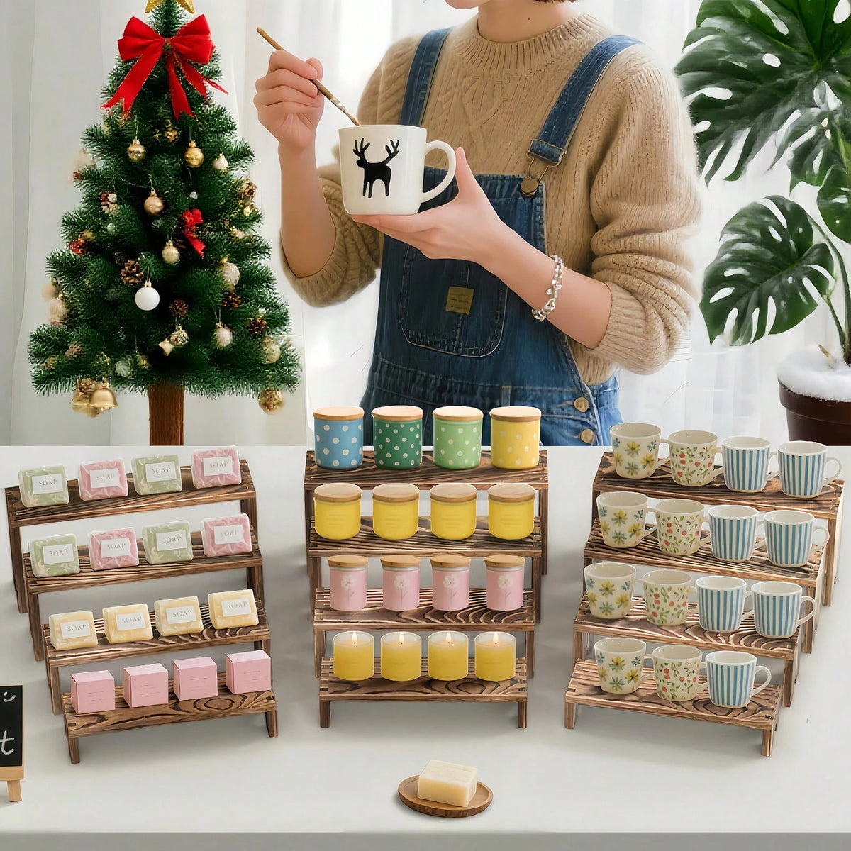 SANNAX 2 Set Large Wooden Tiered Riser Display Stands For Vendor Events, Stackable Wooden Cupcake Stand, Farmhouse Decor Wood Dessert Table Display Set, Vendor Booth Display Items, Food Display Risers