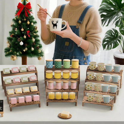 SANNAX 2 Set Large Wooden Tiered Riser Display Stands For Vendor Events, Stackable Wooden Cupcake Stand, Farmhouse Decor Wood Dessert Table Display Set, Vendor Booth Display Items, Food Display Risers
