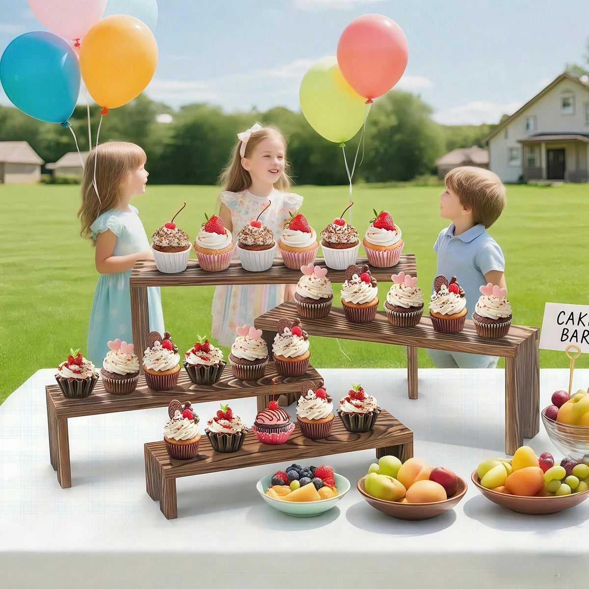 SANNAX 2 Set Large Wooden Tiered Riser Display Stands For Vendor Events, Stackable Wooden Cupcake Stand, Farmhouse Decor Wood Dessert Table Display Set, Vendor Booth Display Items, Food Display Risers