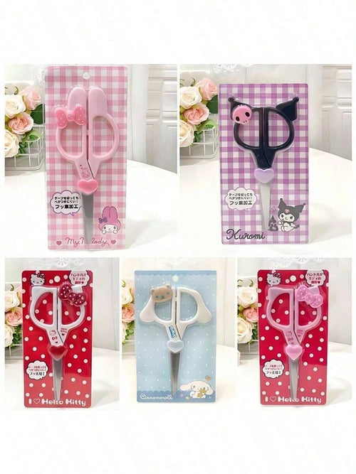 Sanrio 1/Pc Hello Kitty Kuromi Cinnamon Roll Hand Scissors, Kawaii Cutting Stationery School Office Supplies Gift Hand Scissors With Plastic Bow Handle And Heart-Shaped Blade, Suitable For Cardboard C