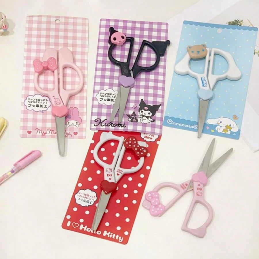 Sanrio 1/Pc Hello Kitty Kuromi Cinnamon Roll Hand Scissors, Kawaii Cutting Stationery School Office Supplies Gift Hand Scissors With Plastic Bow Handle And Heart-Shaped Blade, Suitable For Cardboard C