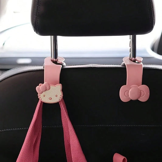 SANRIO 2pcs/Set Hello Kitty Car Seat Back Hook Holder- Cute Keychain & Mask Organizer, Durable ABS Plastic, Pink/Black, Ideal For Most Vehicles, Car Additions, Car Key Fob, Fun Design, Sturdy Constru
