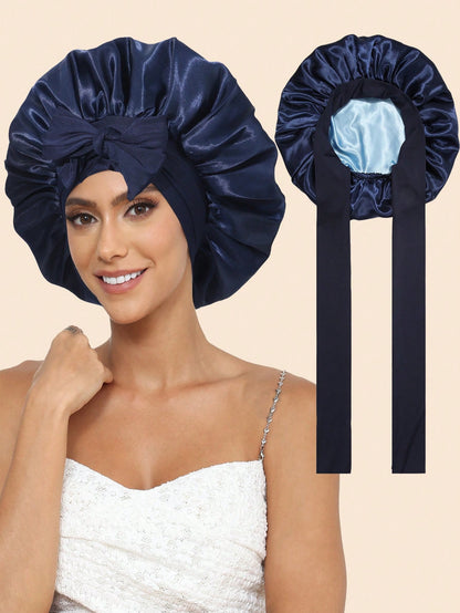 Satin Bonnet Satin Bonnet For Sleeping Satin Sleep Cap Double Layer Hair Bonnet With Elastic Tie Band For Curly Hair Night Cap (Navy Blue + Light Blue)