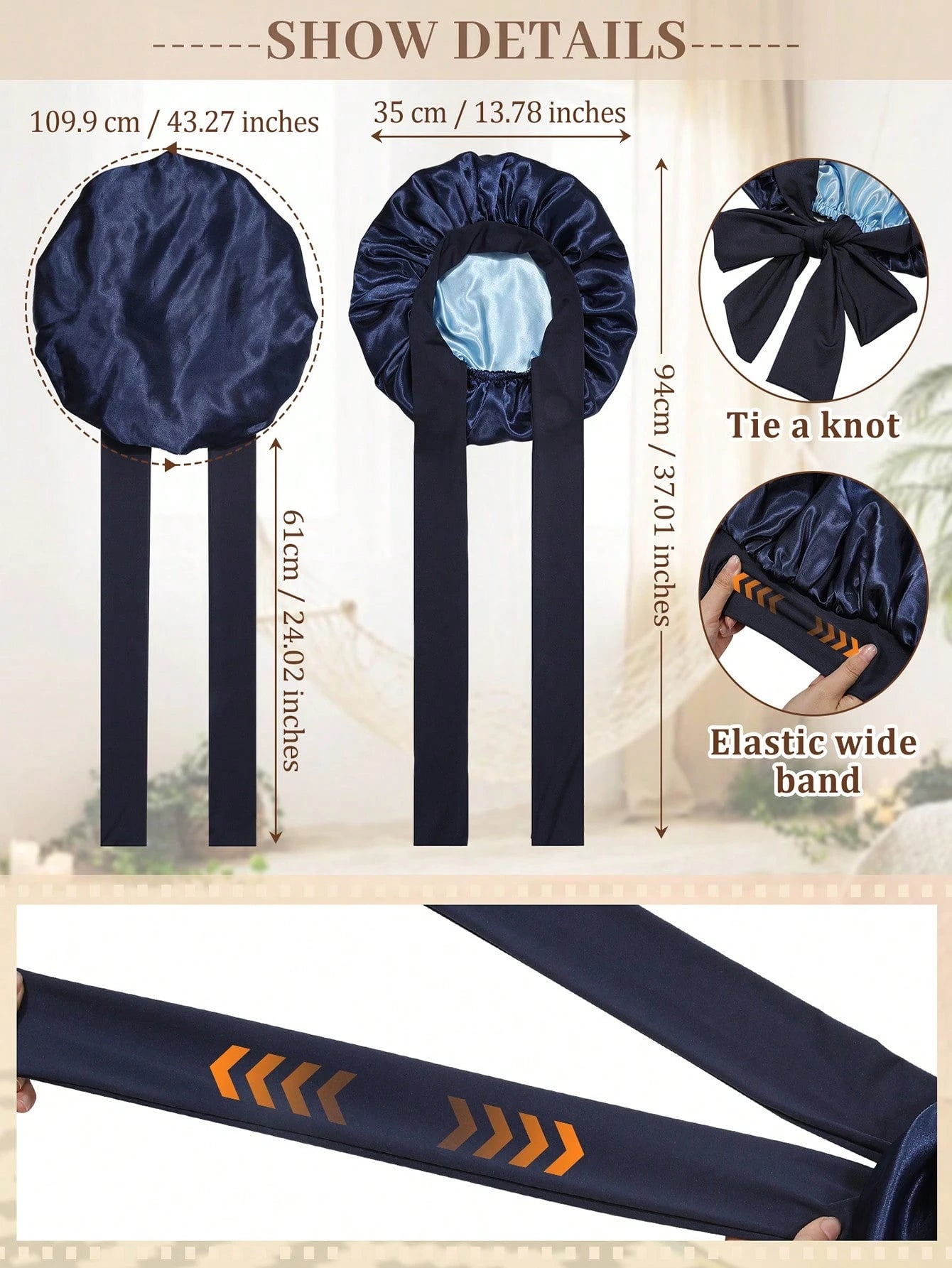Satin Bonnet Satin Bonnet For Sleeping Satin Sleep Cap Double Layer Hair Bonnet With Elastic Tie Band For Curly Hair Night Cap (Navy Blue + Light Blue)