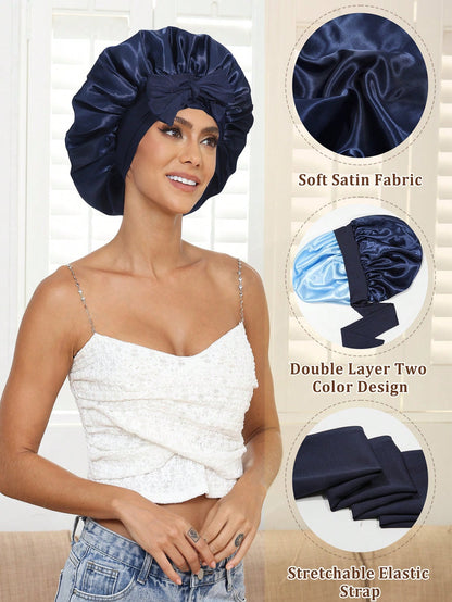 Satin Bonnet Satin Bonnet For Sleeping Satin Sleep Cap Double Layer Hair Bonnet With Elastic Tie Band For Curly Hair Night Cap (Navy Blue + Light Blue)