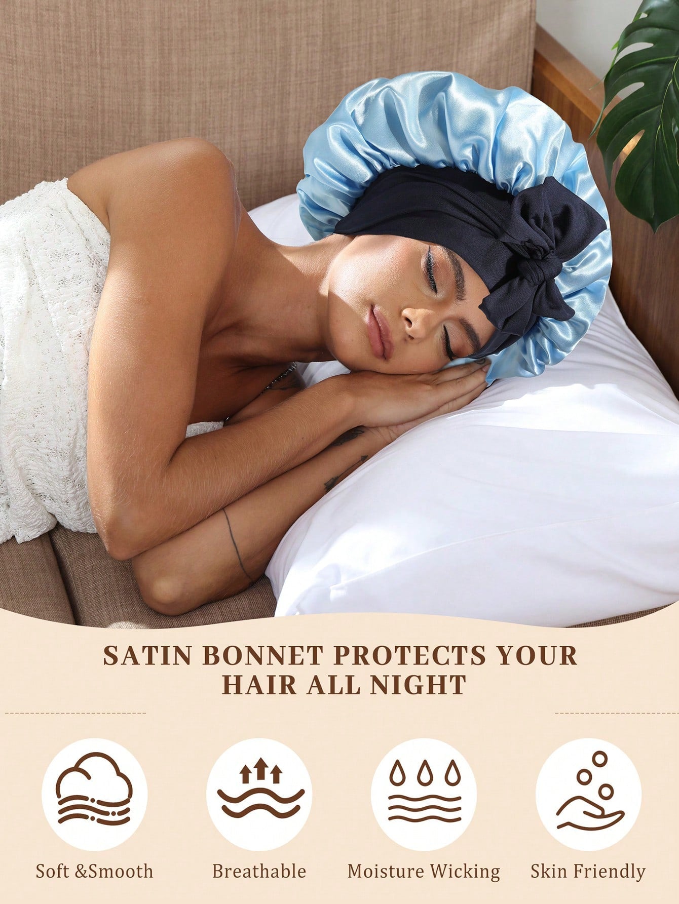 Satin Bonnet Satin Bonnet For Sleeping Satin Sleep Cap Double Layer Hair Bonnet With Elastic Tie Band For Curly Hair Night Cap (Navy Blue + Light Blue)