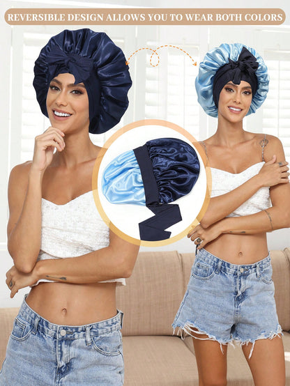 Satin Bonnet Satin Bonnet For Sleeping Satin Sleep Cap Double Layer Hair Bonnet With Elastic Tie Band For Curly Hair Night Cap (Navy Blue + Light Blue)