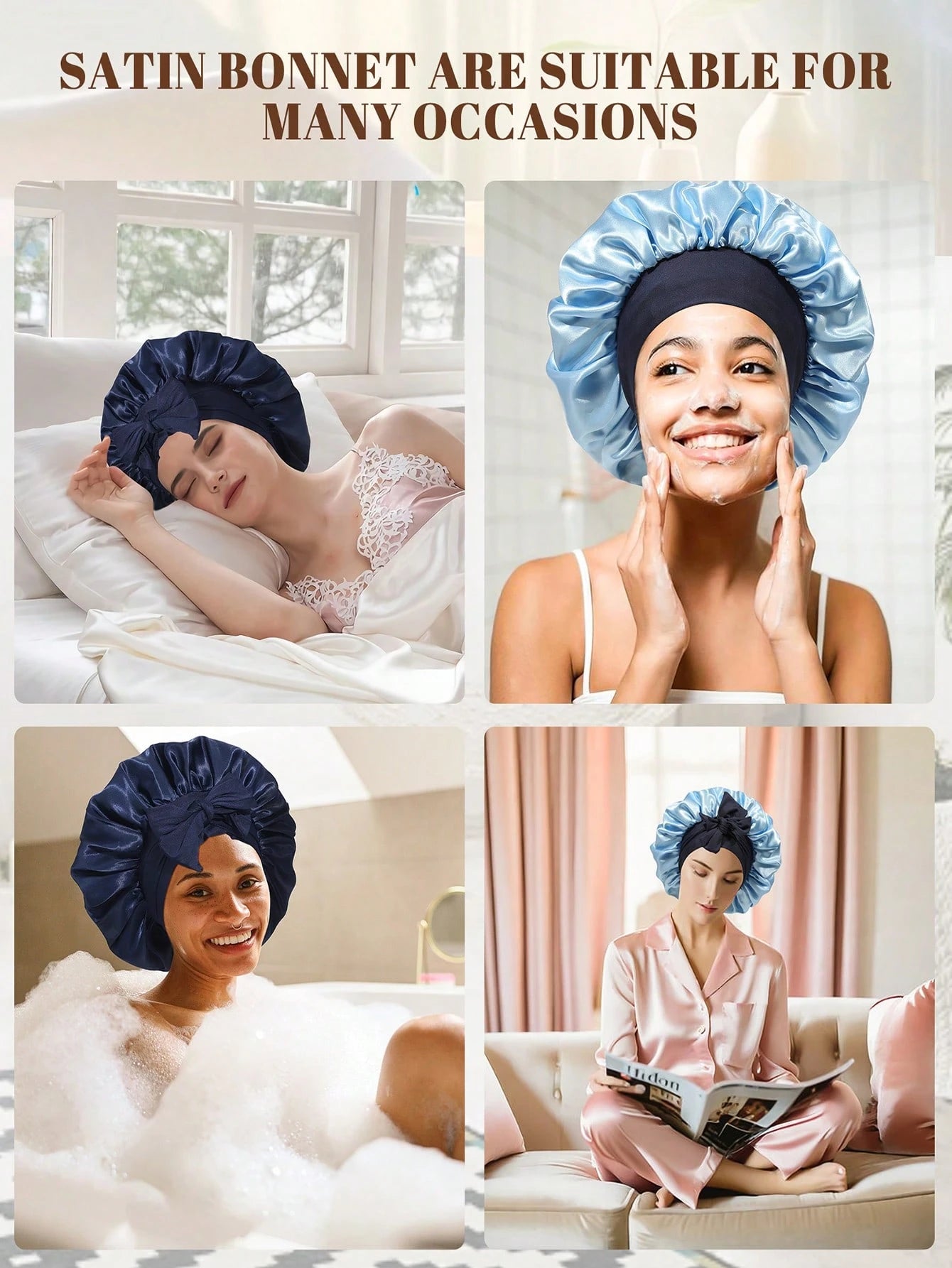 Satin Bonnet Satin Bonnet For Sleeping Satin Sleep Cap Double Layer Hair Bonnet With Elastic Tie Band For Curly Hair Night Cap (Navy Blue + Light Blue)