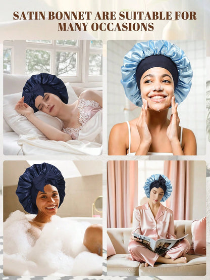 Satin Bonnet Satin Bonnet For Sleeping Satin Sleep Cap Double Layer Hair Bonnet With Elastic Tie Band For Curly Hair Night Cap (Navy Blue + Light Blue)