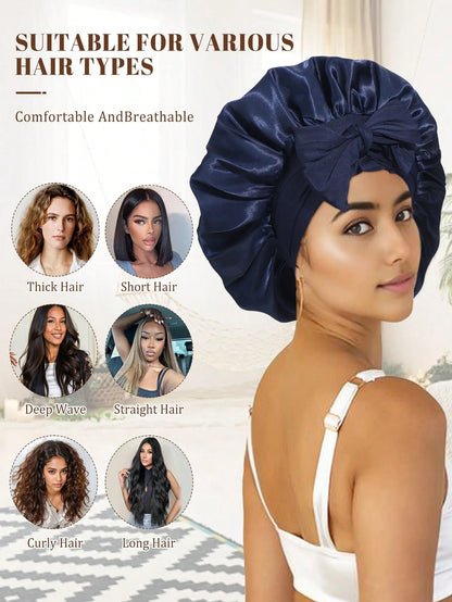 Satin Bonnet Satin Bonnet For Sleeping Satin Sleep Cap Double Layer Hair Bonnet With Elastic Tie Band For Curly Hair Night Cap (Navy Blue + Light Blue)