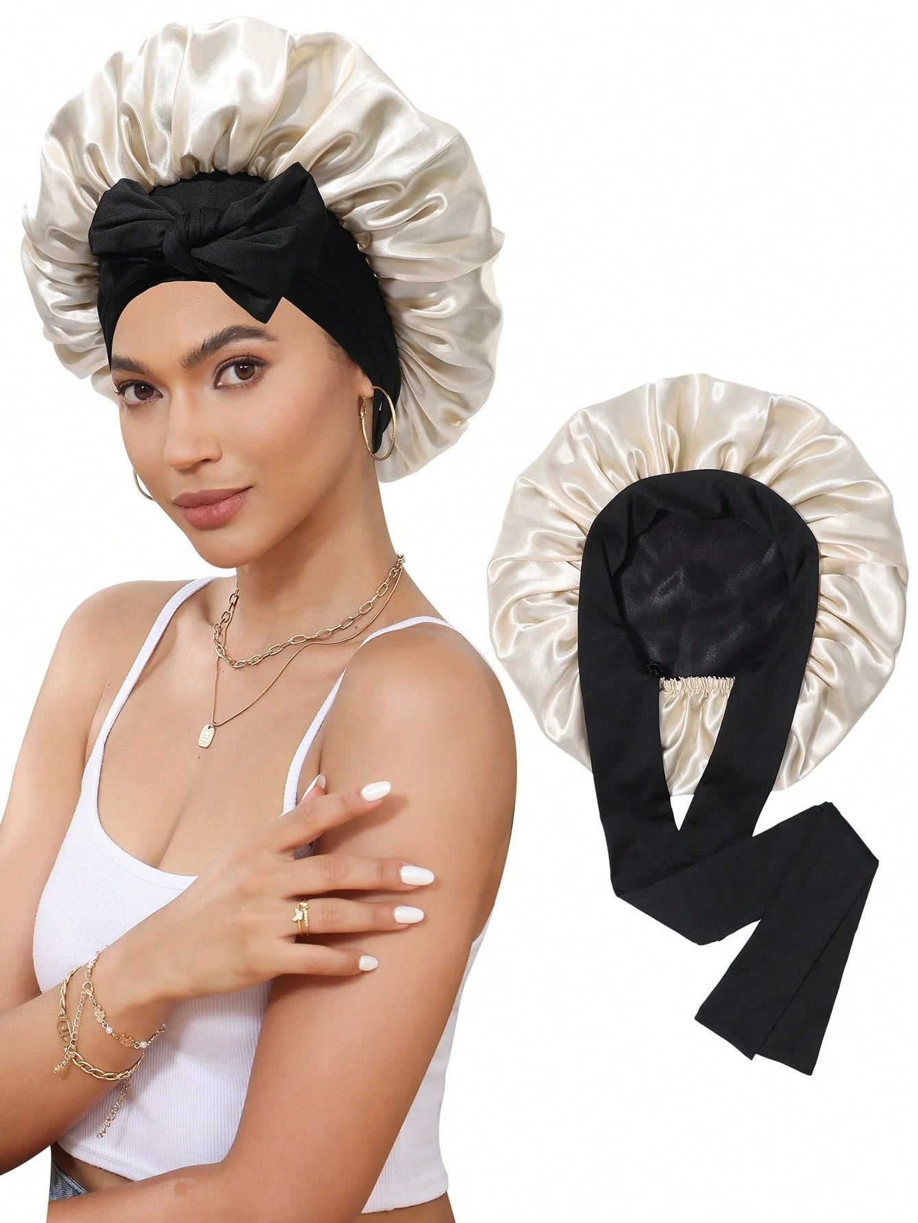 Satin Bonnet Satin Bonnet For Sleeping Satin Sleep Cap Double Layer Hair Bonnet With Elastic Tie Band For Curly Hair Night Cap (Navy Blue + Light Blue)