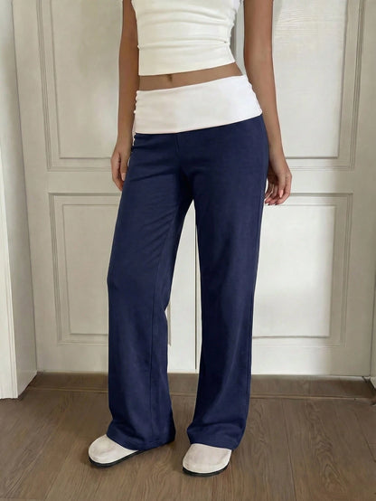 SCARLUX Summer & Autumn Y2K Women's Solid Navy Blue Flare Pants, Folded Low Waist Casual Long Pants, Suitable For Back To School Street Style