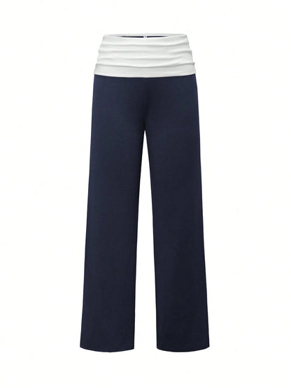 SCARLUX Summer & Autumn Y2K Women's Solid Navy Blue Flare Pants, Folded Low Waist Casual Long Pants, Suitable For Back To School Street Style