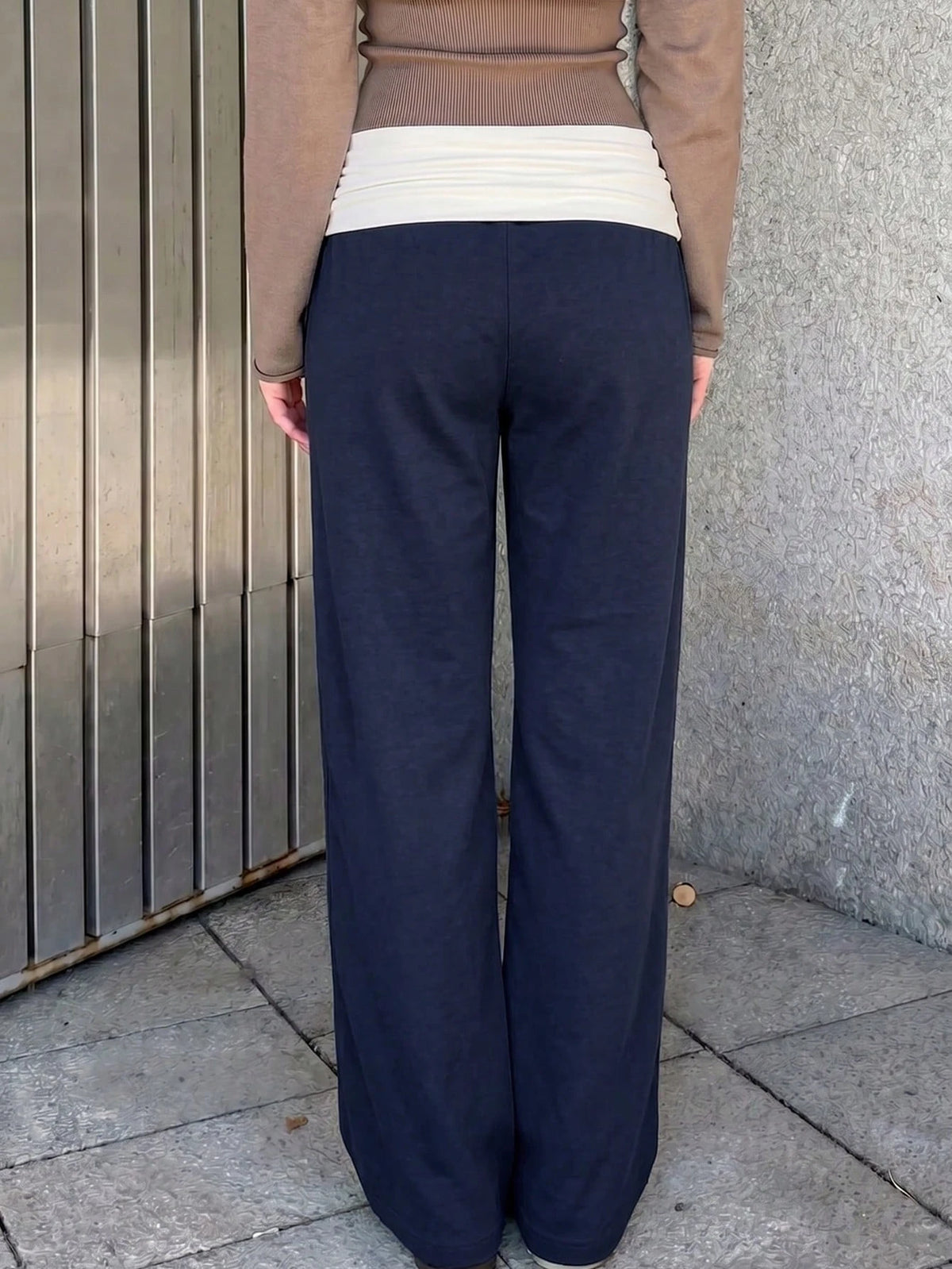 SCARLUX Summer & Autumn Y2K Women's Solid Navy Blue Flare Pants, Folded Low Waist Casual Long Pants, Suitable For Back To School Street Style