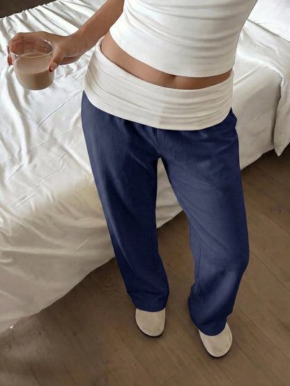 SCARLUX Summer & Autumn Y2K Women's Solid Navy Blue Flare Pants, Folded Low Waist Casual Long Pants, Suitable For Back To School Street Style