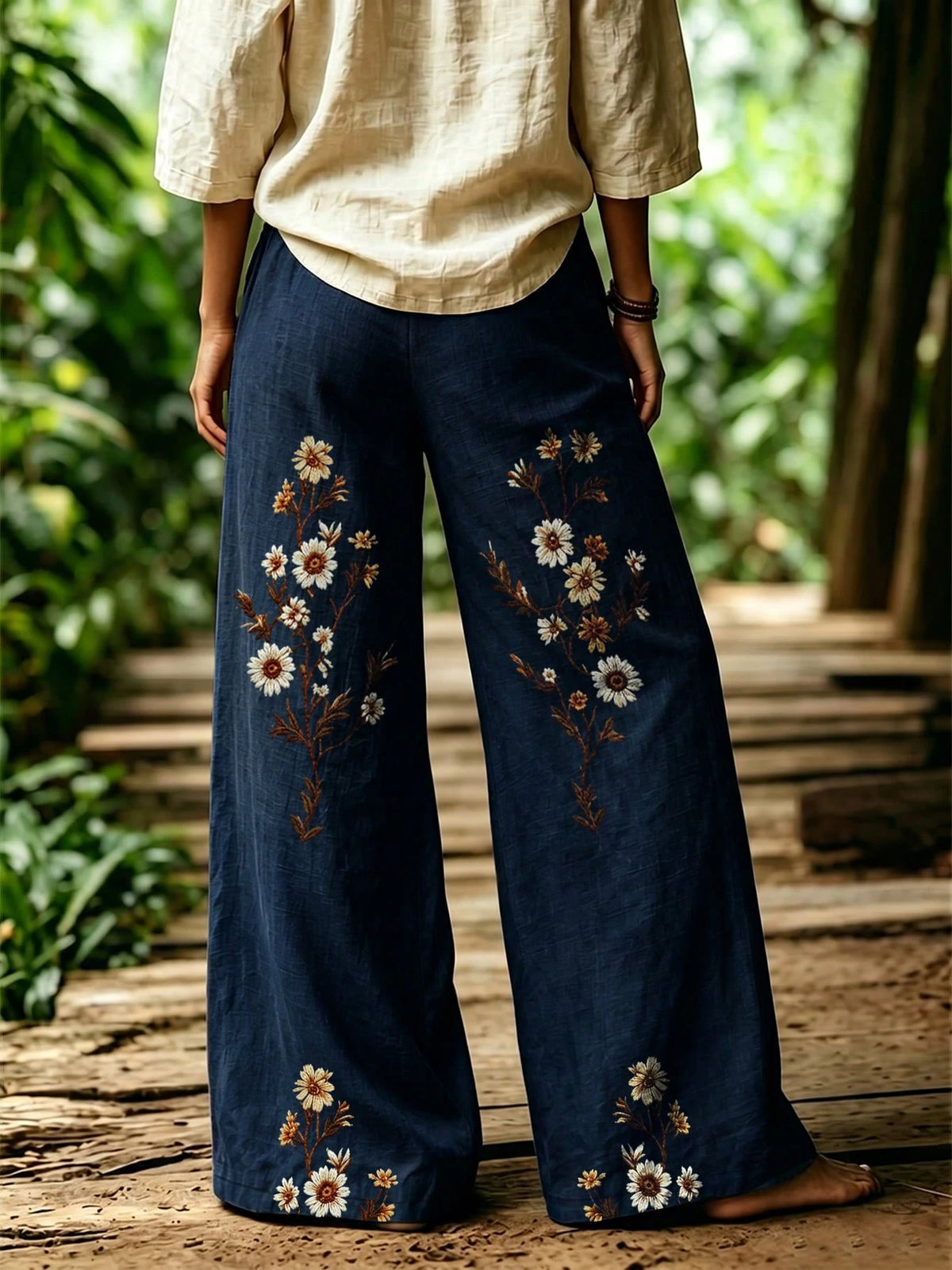 Selamara Bohemian Style Coffee-Colored Daisy Faux Embroidery Long Pants, Summer Vintage Pastoral High-Waist Elastic Waist Loose Drape Wide-Leg Pants