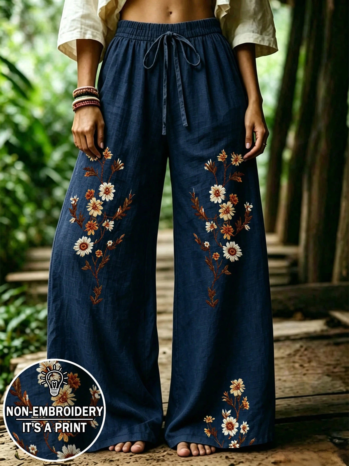 Selamara Bohemian Style Coffee-Colored Daisy Faux Embroidery Long Pants, Summer Vintage Pastoral High-Waist Elastic Waist Loose Drape Wide-Leg Pants