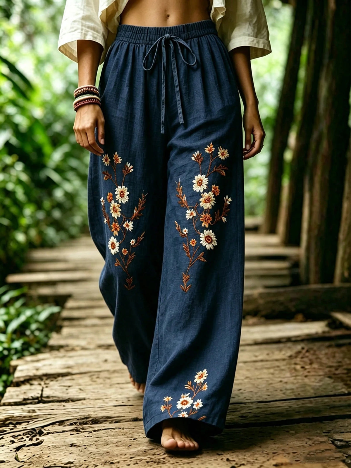 Selamara Bohemian Style Coffee-Colored Daisy Faux Embroidery Long Pants, Summer Vintage Pastoral High-Waist Elastic Waist Loose Drape Wide-Leg Pants