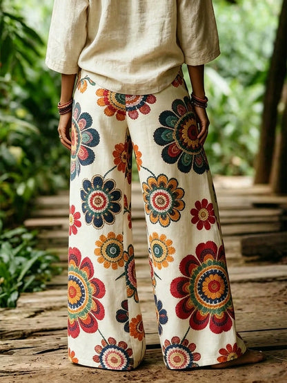 Selamara Bohemian Style Coffee-Colored Daisy Faux Embroidery Long Pants, Summer Vintage Pastoral High-Waist Elastic Waist Loose Drape Wide-Leg Pants