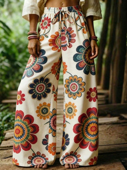 Selamara Bohemian Style Coffee-Colored Daisy Faux Embroidery Long Pants, Summer Vintage Pastoral High-Waist Elastic Waist Loose Drape Wide-Leg Pants