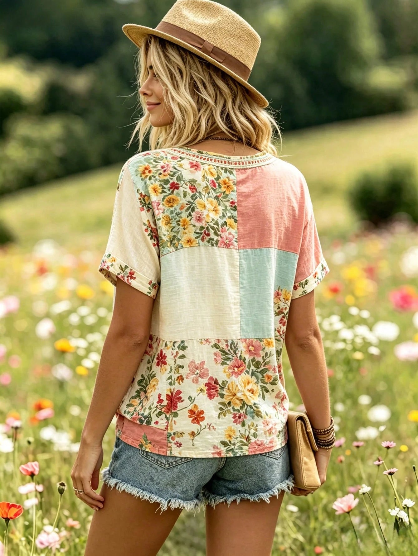 Selamara Bohemian Style Pink & Brown Floral Embroidered V-Neck T-Shirt, Summer Vacation Casual Short Sleeve Top