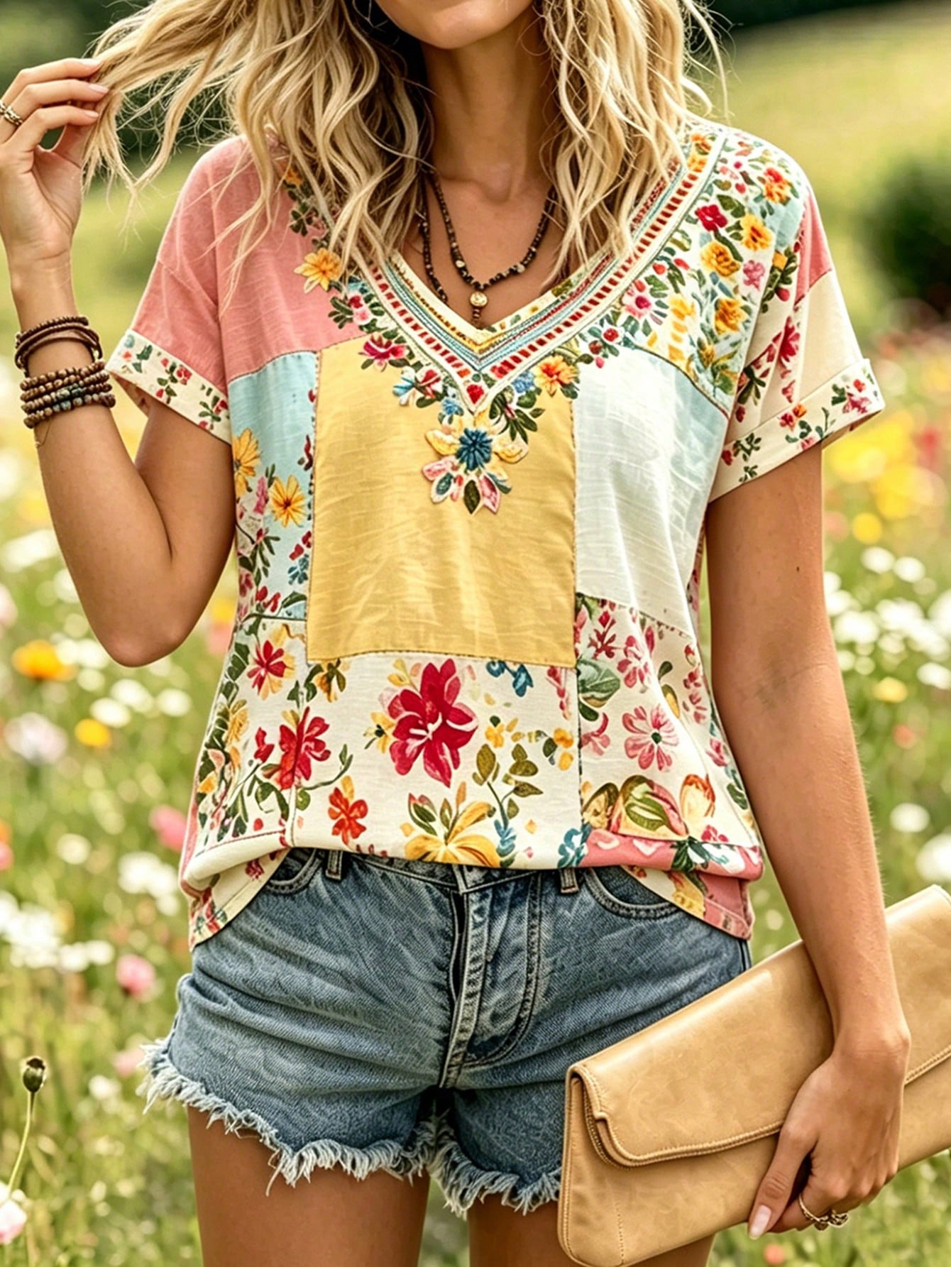 Selamara Bohemian Style Pink & Brown Floral Embroidered V-Neck T-Shirt, Summer Vacation Casual Short Sleeve Top