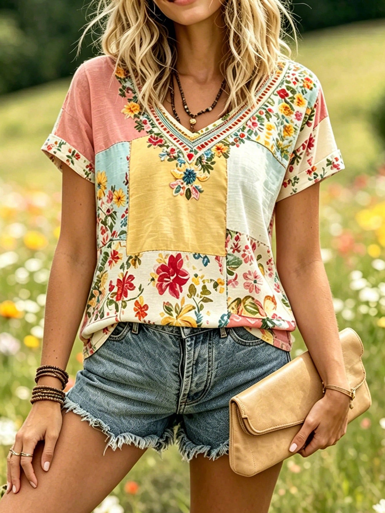 Selamara Bohemian Style Pink & Brown Floral Embroidered V-Neck T-Shirt, Summer Vacation Casual Short Sleeve Top