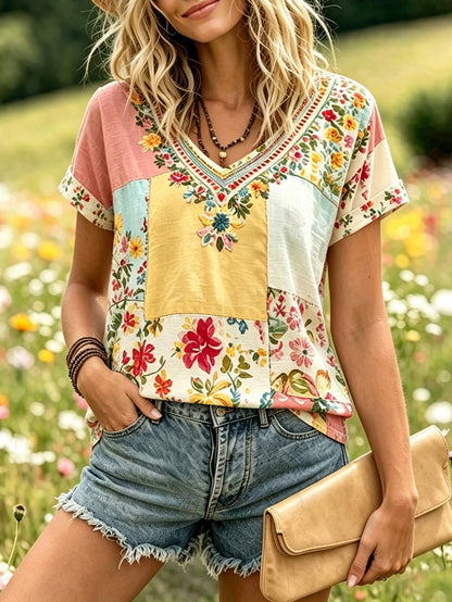 Selamara Bohemian Style Pink & Brown Floral Embroidered V-Neck T-Shirt, Summer Vacation Casual Short Sleeve Top