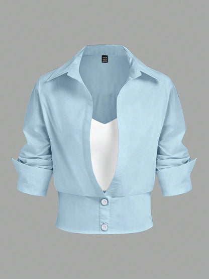 Selianne Women's Casual Commuter Color Block 2 In 1 Long Sleeve Shirt