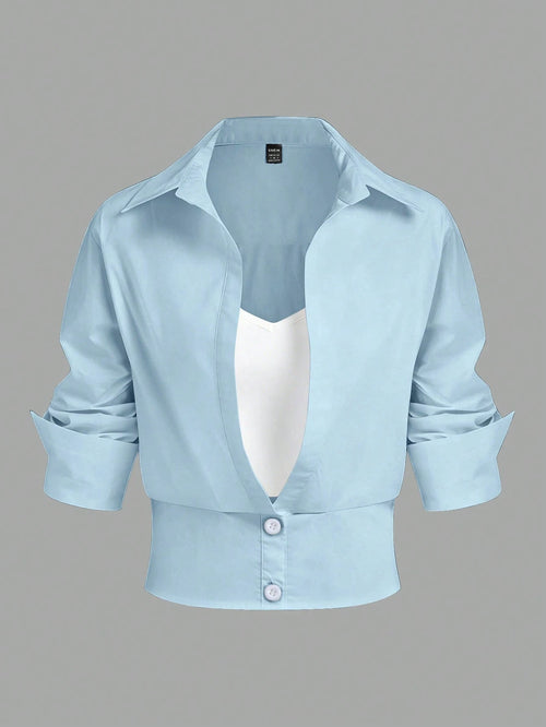 Selianne Women's Casual Commuter Color Block 2 In 1 Long Sleeve Shirt